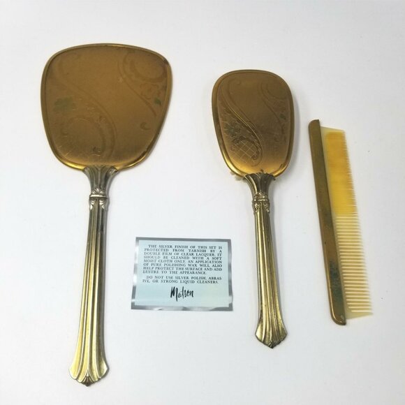 Vintage 40s Matson Vanity Dresser Hand Mirror Gold Comb Brush Regency Glam - Picture 1 of 9